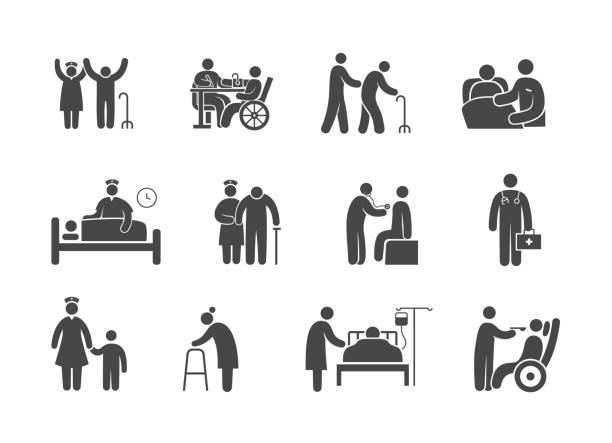 patient care icon set set of icon related to patient care, nursing home care, elderly care patient symbols stock illustrations