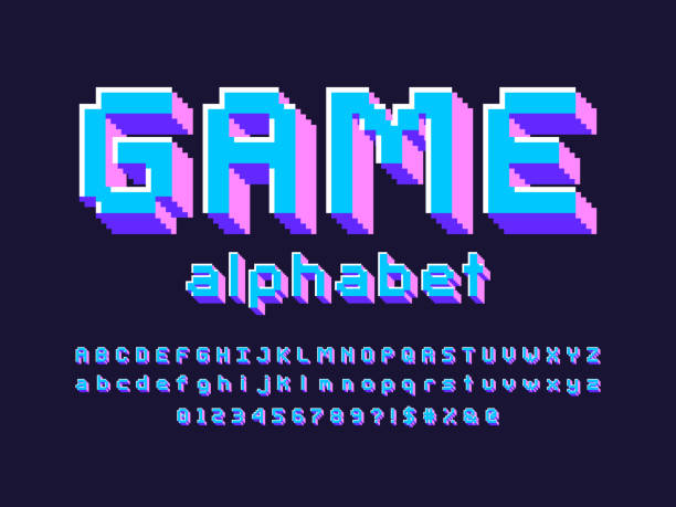 pixel font pixel style font with uppercase, lowercase, numbers and symbol video game stock illustrations
