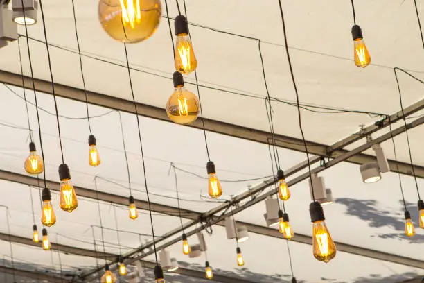 Photo of Group of Incandescent Lamps of Different Forms and Shapes Hanged Over The Roof Indoors. Horizontal Image Composition