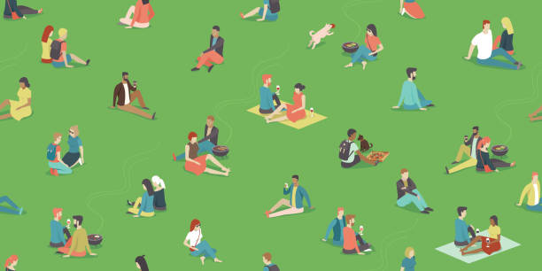 People relaxing in  city park BBQ area. Social distancing during coronavirus COVID-19 quarantine. vector seamless pattern People relaxing on the grass field in the city park. BBQ area. Social distancing during coronavirus COVID-19 quarantine. Flat vector seamless pattern public park illustrations stock illustrations