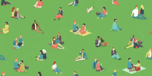 Vector illustration of People relaxing in  city park BBQ area. Social distancing during coronavirus COVID-19 quarantine. vector seamless pattern