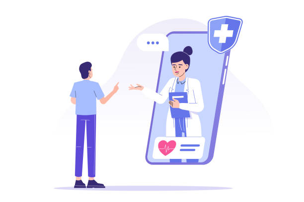 Online doctor concept. Professional female doctor giving advice to patient through smartphone. Telemedicine and online healthcare. Telehealth. Video call to doctor. Modern isolated vector illustration vector art illustration
