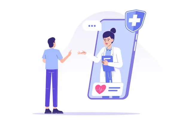 Vector illustration of Online doctor concept. Professional female doctor giving advice to patient through smartphone. Telemedicine and online healthcare. Telehealth. Video call to doctor. Modern isolated vector illustration