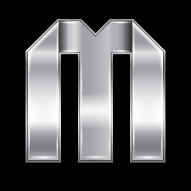 illustrazioni stock, clip art, cartoni animati e icone di tendenza di nuovo font piegato da un nastro metallico argento. alfabeto romano alla moda, lettera vettoriale grigia m su sfondo nero, 10eps - letter m alphabet text silver