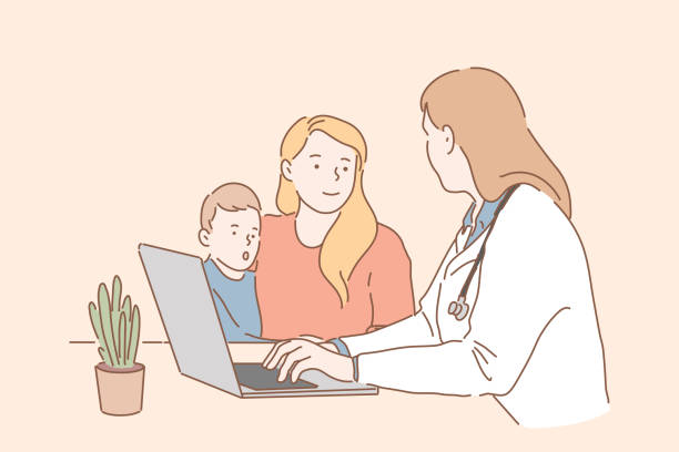 ilustrações de stock, clip art, desenhos animados e ícones de visiting pediatrician concept - mãe filho conversa