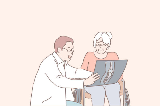 Health, surgery, radiology, senile diseases concept. Health, surgery, radiology, senile diseases concept. Young competent doctor explains diagnosis to an elderly woman, disabled person. Professional therapist, surgeon, shows an xray picture. Flat vector x ray results stock illustrations