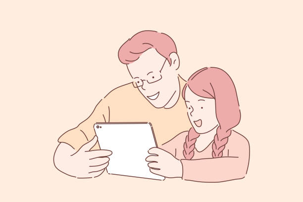 Happy family pastime concept Happy family pastime concept. Father and daughter watching video on tablet, brother and sister playing online game, cheerful siblings, teenagers enjoying gadget gaming. Simple flat vector father daughter stock illustrations