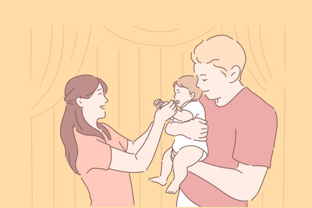 ilustrações, clipart, desenhos animados e ícones de família, paternidade, infância, conceito juntos. - vector fun family healthy lifestyle