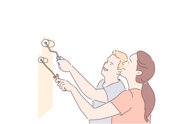 Repair, family, teamwork, painting concept. Repair, family, teamwork, painting concept. Young couple man and woman make repairs in new house or apartment together. Happy guy and girl lovers paint wall in room. Useful leisure, hobby. Flat vector mum new boyfriend stock illustrations