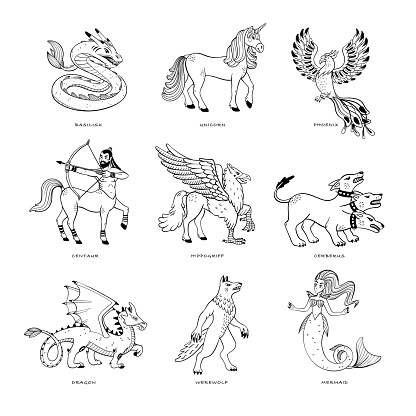 Magical creatures set. Mythological animals. Doodle style black and white vector illustration isolated on white background. Tattoo design or coloring page, Line Art