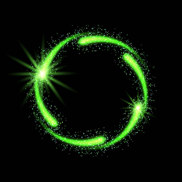 istock Green abstract neon round shape on black background. Glowing futuristic bright green frame. Simple electric light symbol for advertisement design project. Vector illustration. Light symbol energy. 1225996999