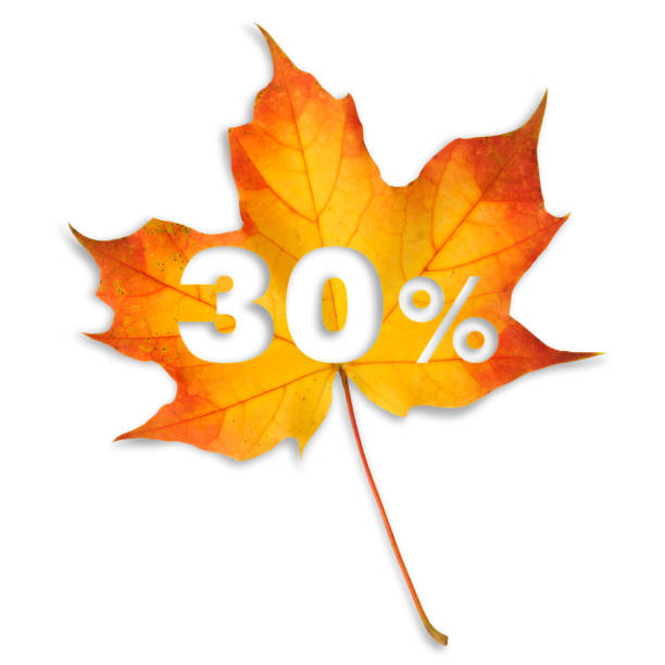 Autumn sale - 30%. Colorful maple leaf with text on white background.
