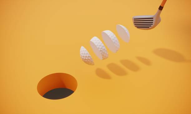 Golf swing and pieces of golf ball flying to the hole. ( 3d render )