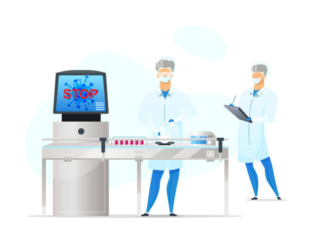 Laboratory workers flat color vector faceless characters Laboratory workers flat color vector faceless characters. Coronavirus blood testing. Biologists in lab. Medical analysis isolated cartoon illustration for web graphic design and animation laboratory clipart stock illustrations