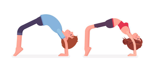 젊은 요기 남자, 여자 연습 요가, 다리 포즈 - yoga men bridge bending over backwards stock illustrations