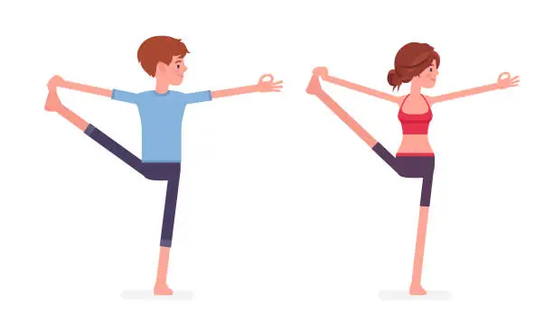 Vector illustration of Man, woman practicing yoga, Extended Hand to Big Toe pose