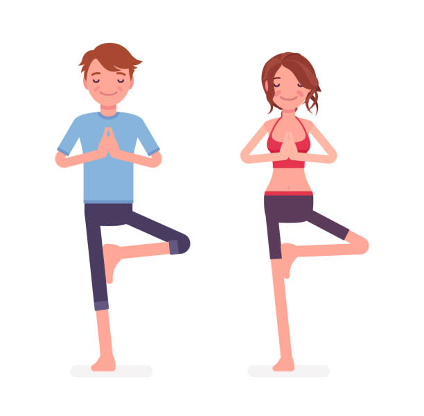 молодой йог мужчина и женщина, практикующие йогу, поза дерева - yoga women emotional stress praying stock illustrations