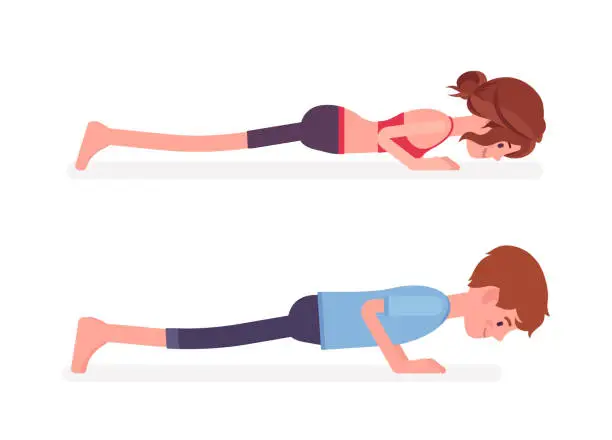 Vector illustration of Man, woman practicing yoga, Push ups or press ups pose