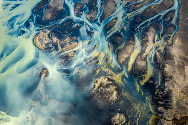 A dream-like landscape of Iceland, with flowing glacial rivers, taken from a helicopter stock photo