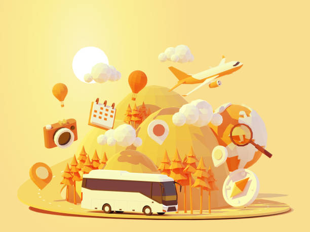 Vector coach bus travelling Vector coach bus travel summer journey illustration. Tour bus road trip. Road between mountains with pine trees, hot air balloons. Summer vacation and tourism in tourist bus travel stock illustrations