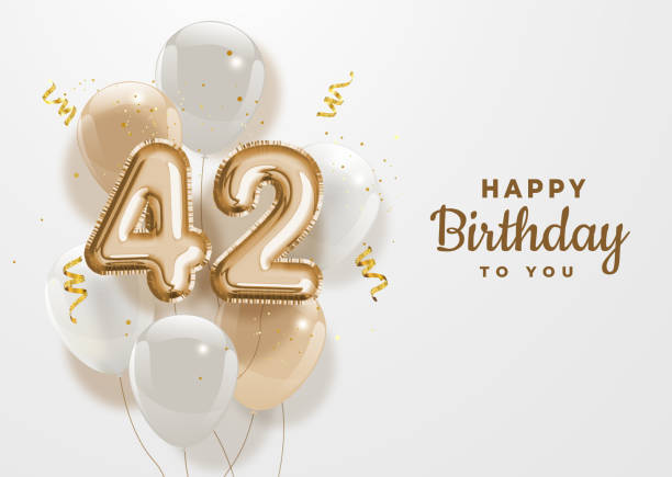 Happy 42th birthday gold foil balloon greeting background. Happy 42th birthday gold foil balloon greeting background. 42 years anniversary logo template- 42th celebrating with confetti. Vector stock. number 42 stock illustrations