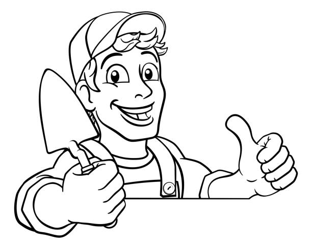 ilustrações, clipart, desenhos animados e ícones de trowel construction site cartoon builder handyman - frame smiling white background human hand