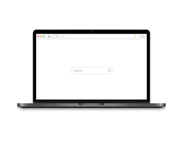 ноутбук с браузером на экране. значок компьютера с баром поиска и увеличительем. макет ноутбука с веб-интерфейсом. шаблон рабочего стола с п - browser internet web page window stock illustrations