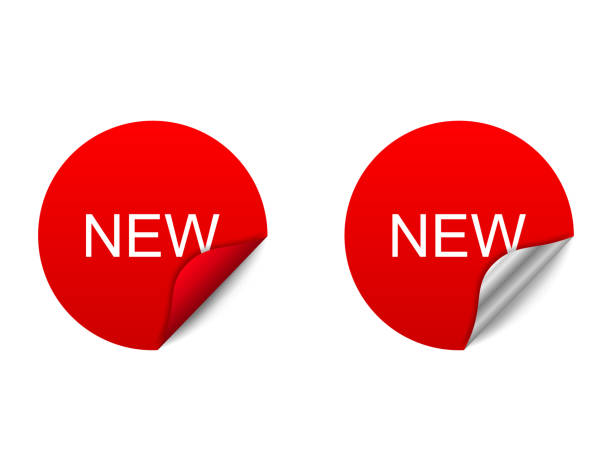 istock Red sticker icon. Shop label with new text. Mockup of round curl note with message. Twisred sticker in silver gradient and shadow. Realistic style of sale label. Vector EPS 10. 1226003338