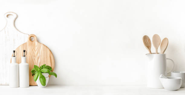 utensilios culinarios de fondo con espacio en blanco para un texto - tienda de artículos de cocina fotografías e imágenes de stock