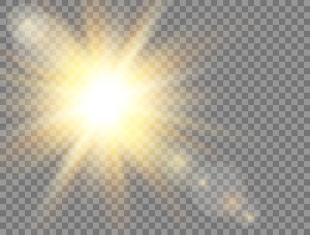 ilustrações de stock, clip art, desenhos animados e ícones de sun light. golden glowing light effect on transparent background. sunshine with rays. sunlight lens flash. magic banner. summer sunny backdrop. vector illustration - lens flair