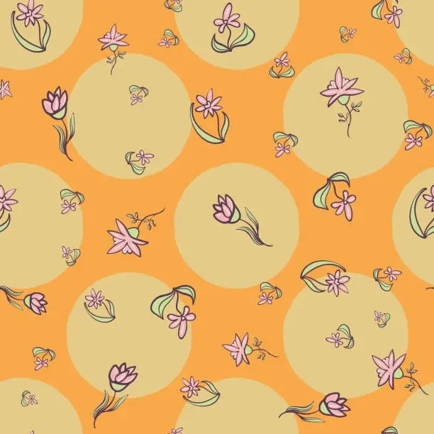 Vector illustration of flowers and big polka dots seamless vector pattern