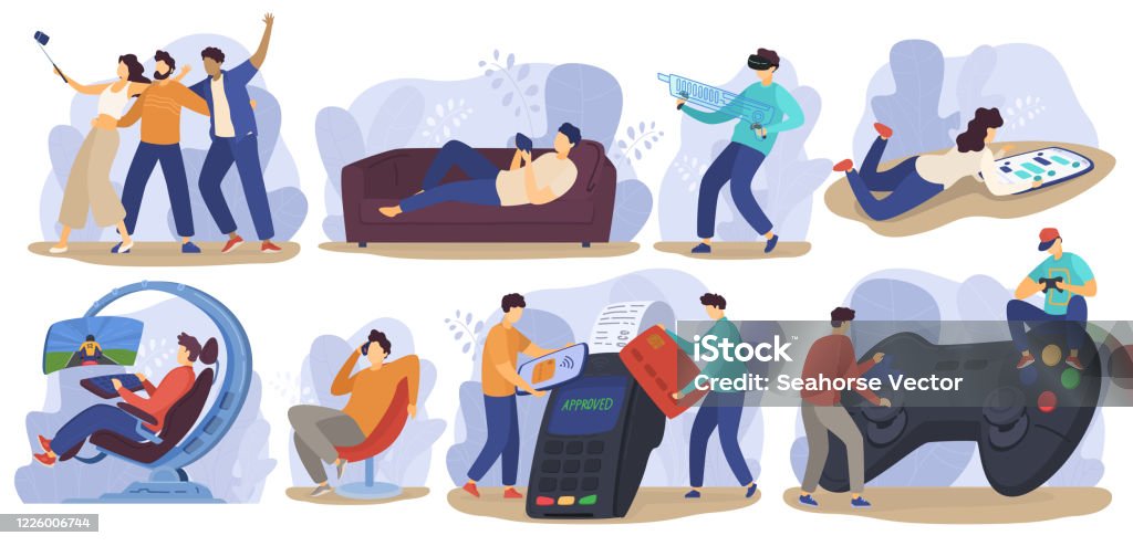 People Using Modern Gadgets Electronic Device Technology Cartoon Character  Play Computer Game Vector Illustration Stock Illustration - Download Image  Now - iStock