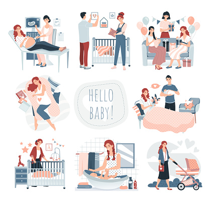 Pregnancy and childbirth, happy family with newborn baby, set of cute cartoon characters vector illustration. Smiling people expecting child, pregnancy, baby shower. Pregnant woman care, loving family