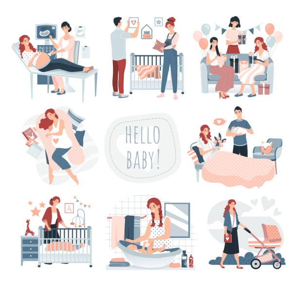 Pregnancy and childbirth, happy family with newborn baby, set of Pregnancy and childbirth, happy family with newborn baby, set of cute cartoon characters vector illustration. Smiling people expecting child, pregnancy, baby shower. Pregnant woman care, loving family husband stock illustrations