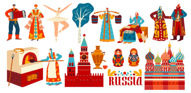 illustrazioni stock, clip art, cartoni animati e icone di tendenza di tradizioni, cultura e storia russe, personaggi dei cartoni animati isolati in costumi nazionali, illustrazione vettoriale - russian culture traditional culture souvenir folk music