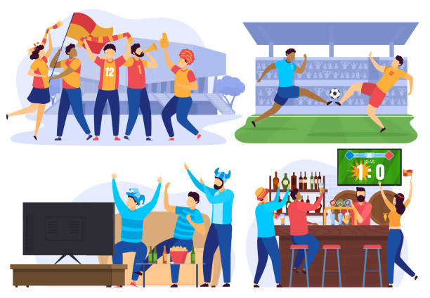 Soccer players and football fans cheering in bar, people cartoon characters, vector illustration Soccer players and football fans cheering in bar, people cartoon characters, vector illustration. Sport game competition on stadium, friends watching football on tv together. Soccer match championship match sport stock illustrations