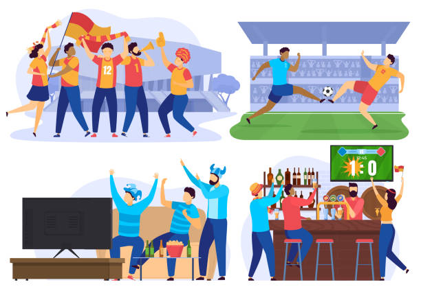 Soccer players and football fans cheering in bar, people cartoon characters, vector illustration Soccer players and football fans cheering in bar, people cartoon characters, vector illustration. Sport game competition on stadium, friends watching football on tv together. Soccer match championship excited football fan cheering for his team on tv stock illustrations