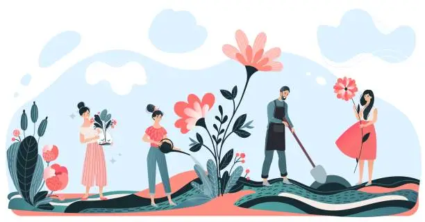 Vector illustration of Male, female harvest and care flower, farmer man and woman dig land, isolated on white, flat vector illustration. Design web banner.