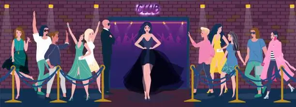 Vector illustration of Night club entrance, beautiful woman in dress, people stand in line, vector illustration