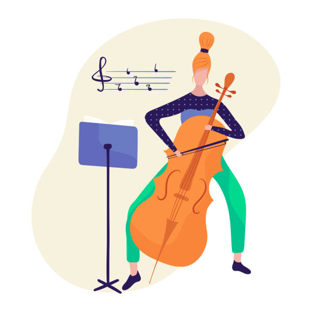 istock Girl with Alto cello, violoncello, bass-viol learning to play vector illustration, isolated on white background. Female character hobbies. 1226006990