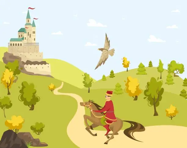 Vector illustration of Prince rider horse to castle, eagle fly, palace cartoon vector illustration. Field with green grass, tree, blue sky. Route to fortress.