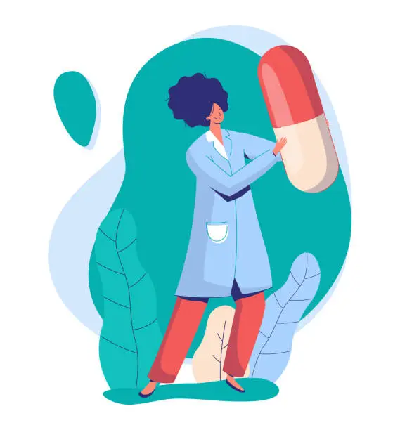 Vector illustration of Woman scientific associate with big pill, doctor research analysis, characters concept and vector illustration on white background.