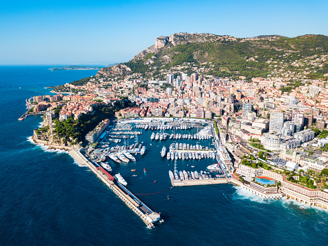 Monte Carlo port aerial panoramic view in  Monaco. Monaco is a country on the French Riviera near France in Europe.