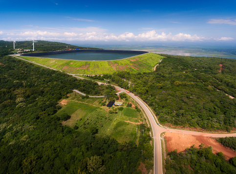Aerial view (drone shot) of Lam TaKhong Dam Reservoir, Nakhon Ratchasima Thailand