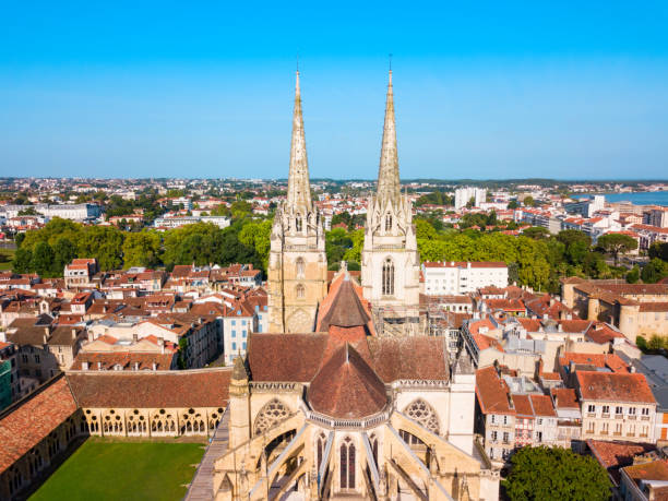 Bayonne aerial panoramic view, France The Cathedral of Saint Mary or Our Lady of Bayonne aerial panoramic view, roman Catholic church in Bayonne town in France bayonne stock pictures, royalty-free photos & images