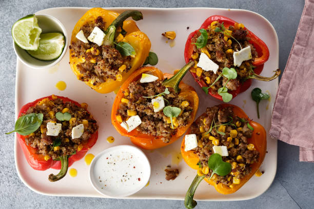 istock Stuffed pepper with quinoa and meat. Top view. 1226014954
