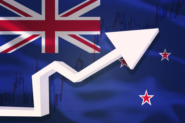 istock New Zealand growth chart. White 3D arrow and stocks chart grows up on the background of waving flag of the country. 1226016106