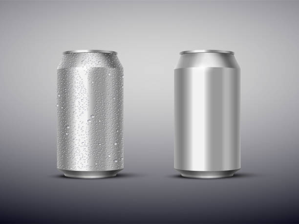 Vector 3D realistic aluminum cans with and without water drops isolated on gray background. Empty templates for beer, alcohol, soda, energy drink. Advertising and presentation design element. Vector 3D realistic aluminum cans with and without water drops isolated on gray background. Empty templates for beer, alcohol, soda, energy drink. Advertising and presentation design element drop bear stock illustrations