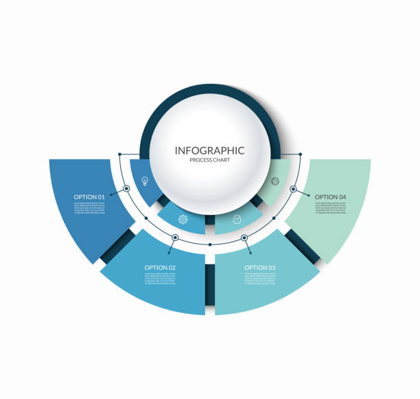 infografika półokrągła podzielona na 4 części. diagram krok po kroku z czterema opcjami. - flow chart strategy analyzing chart stock illustrations