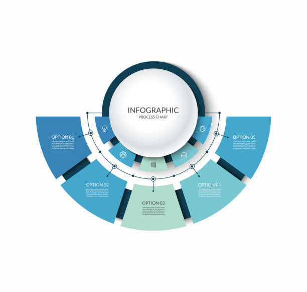Infographic semi circular chart divided into 5 parts. Step-by step diagram with five options. Infographic semi circular chart divided into 5 parts. Step-by step diagram with five options designed for report, presentation, data visualization. semi circle stock illustrations